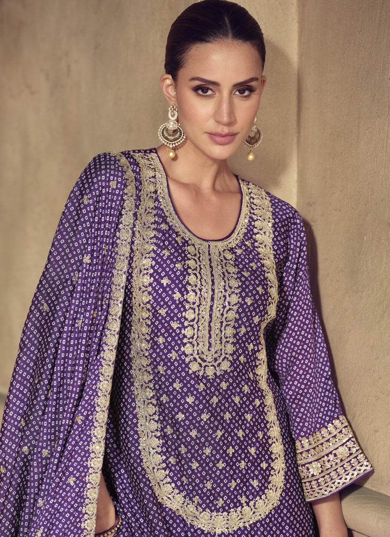 Vegaa Fashion Violet Chinon Silk Embroidered Designer Sharara Suit | Grocsy