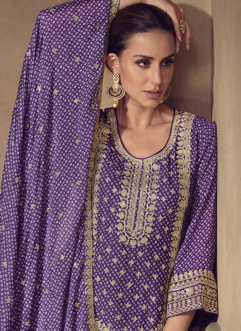 Vegaa Fashion Violet Chinon Silk Embroidered Designer Sharara Suit | Grocsy