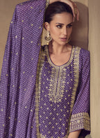 Vegaa Fashion Violet Chinon Silk Embroidered Designer Sharara Suit | Grocsy