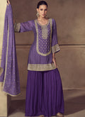 Vegaa Fashion Violet Chinon Silk Embroidered Designer Sharara Suit | Grocsy