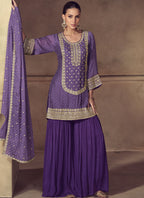 Vegaa Fashion Violet Chinon Silk Embroidered Designer Sharara Suit | Grocsy