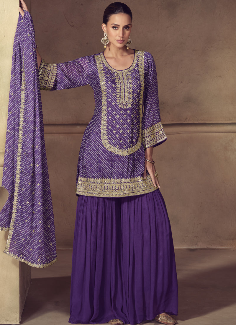 Vegaa Fashion Violet Chinon Silk Embroidered Designer Sharara Suit | Grocsy