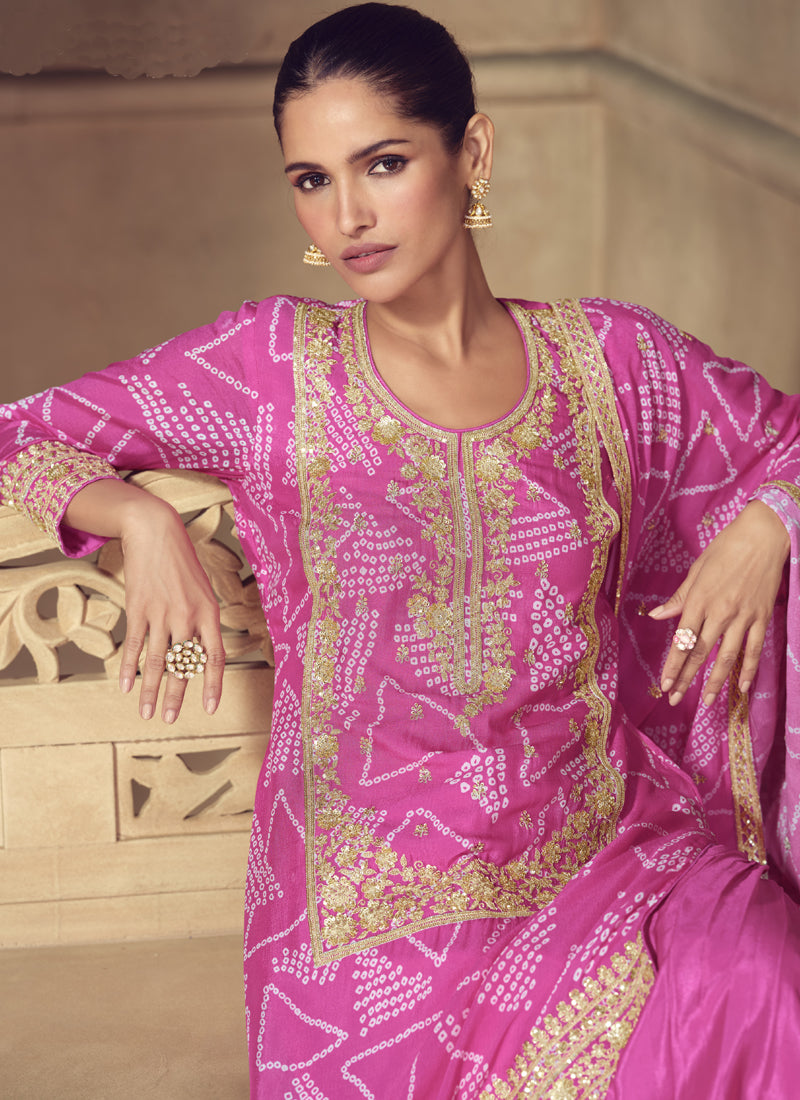 Vegaa Fashion Pink Chinon Silk Embroidered Designer Sharara Suit | Grocsy