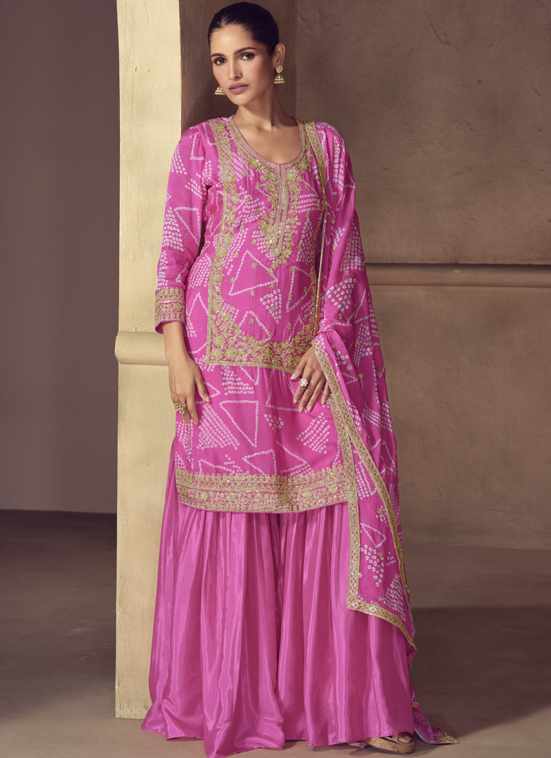 Vegaa Fashion Pink Chinon Silk Embroidered Designer Sharara Suit | Grocsy