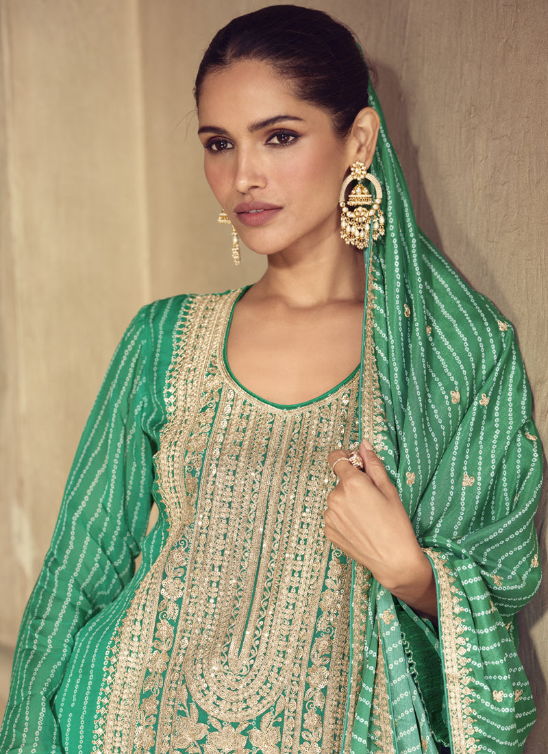 Vegaa Fashion Bottle Green Chinon Silk Embroidered Designer Sharara Suit | Grocsy
