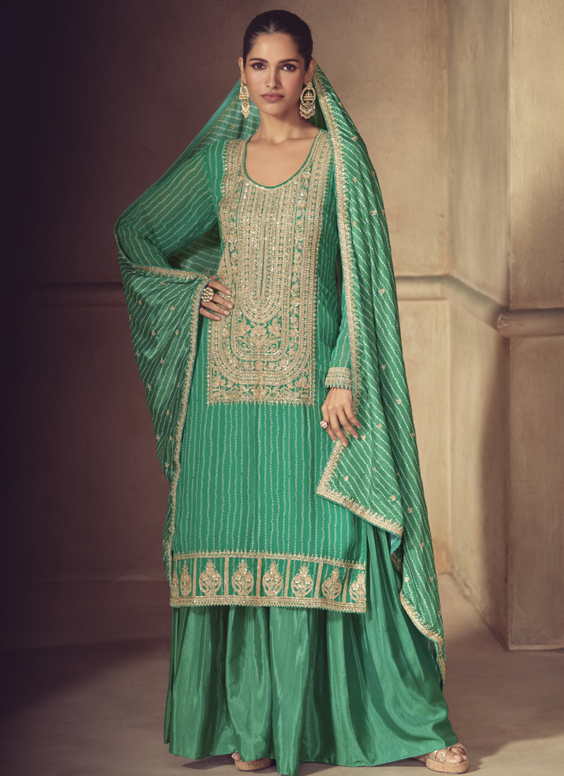 Vegaa Fashion Bottle Green Chinon Silk Embroidered Designer Sharara Suit | Grocsy