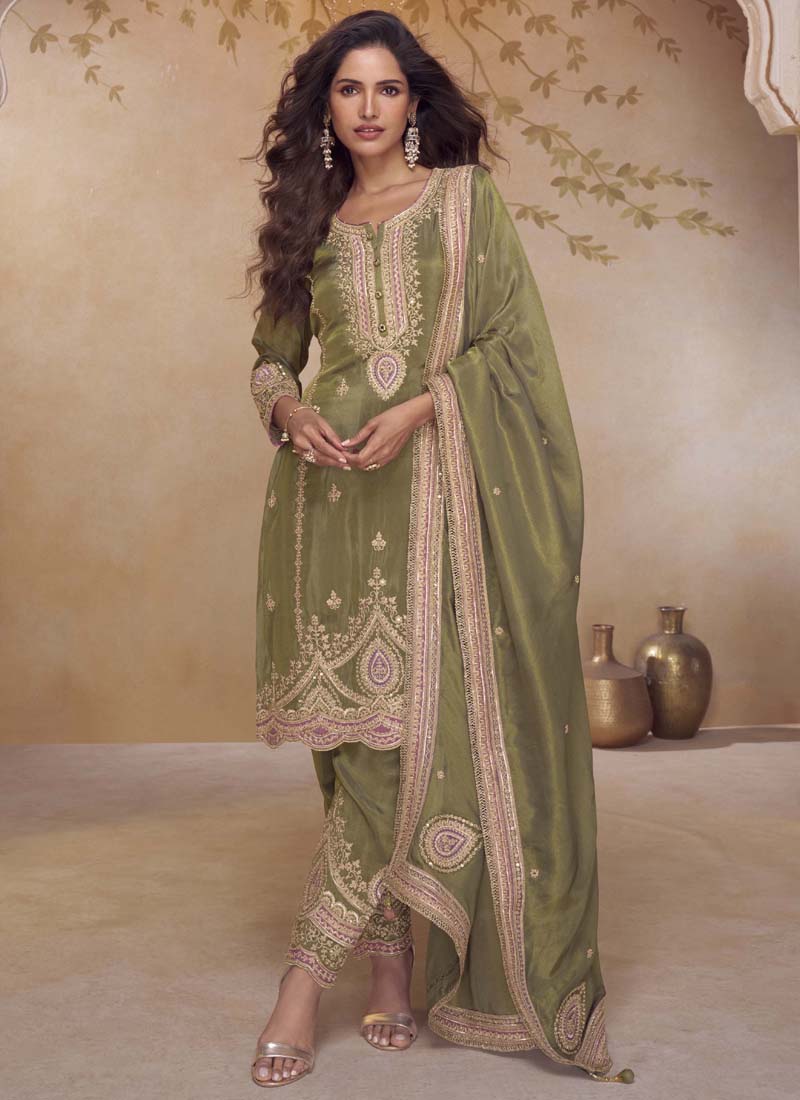 Vegaa Fashion Mehendi Simar Silk Embroidered Designer Salwar Suit | Grocsy