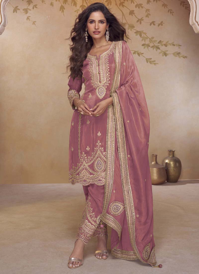 Vegaa Fashion Peach Simar Silk Embroidered Designer Salwar Suit | Grocsy