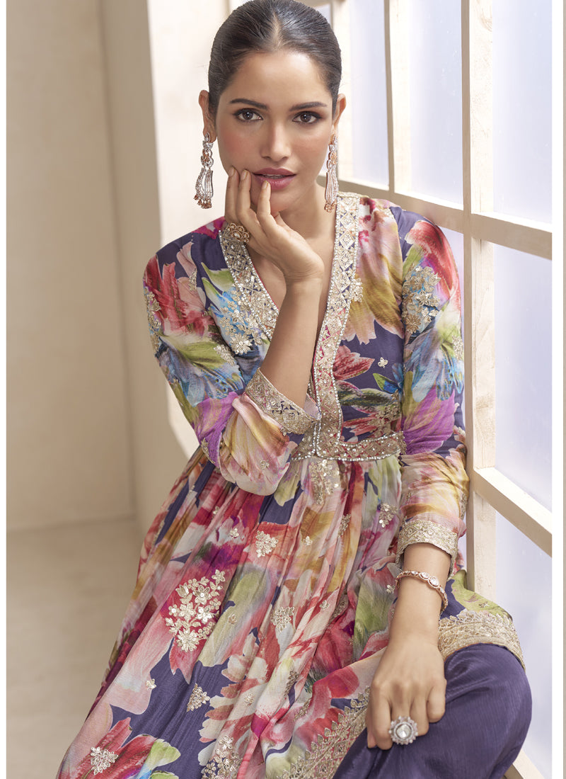 Vegaa Fashion Violet Chinon Embroidered Designer Palazzo Suit | Grocsy