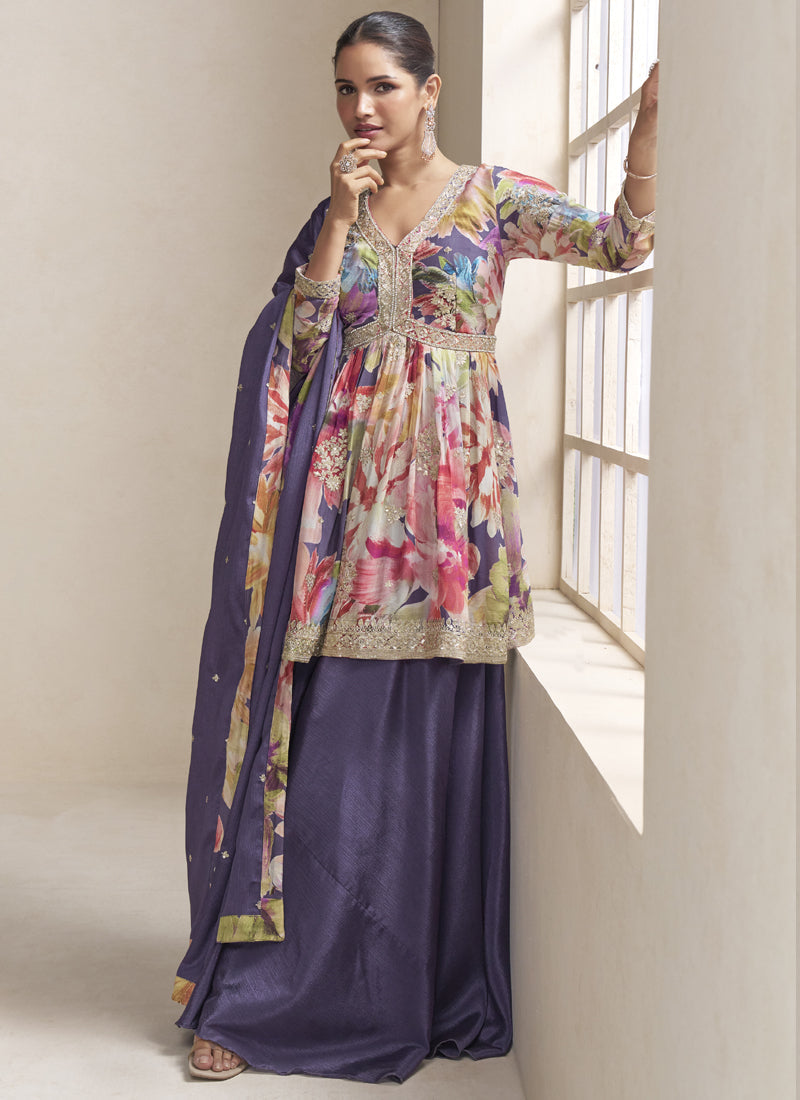 Vegaa Fashion Violet Chinon Embroidered Designer Palazzo Suit | Grocsy