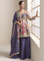 Vegaa Fashion Violet Chinon Embroidered Designer Palazzo Suit | Grocsy