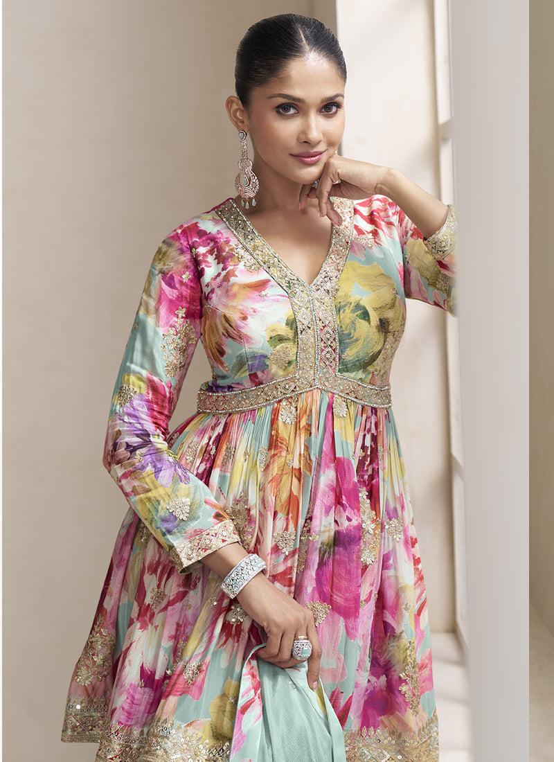 Vegaa Fashion Sea Green Chinon Embroidered Designer Palazzo Suit | Grocsy
