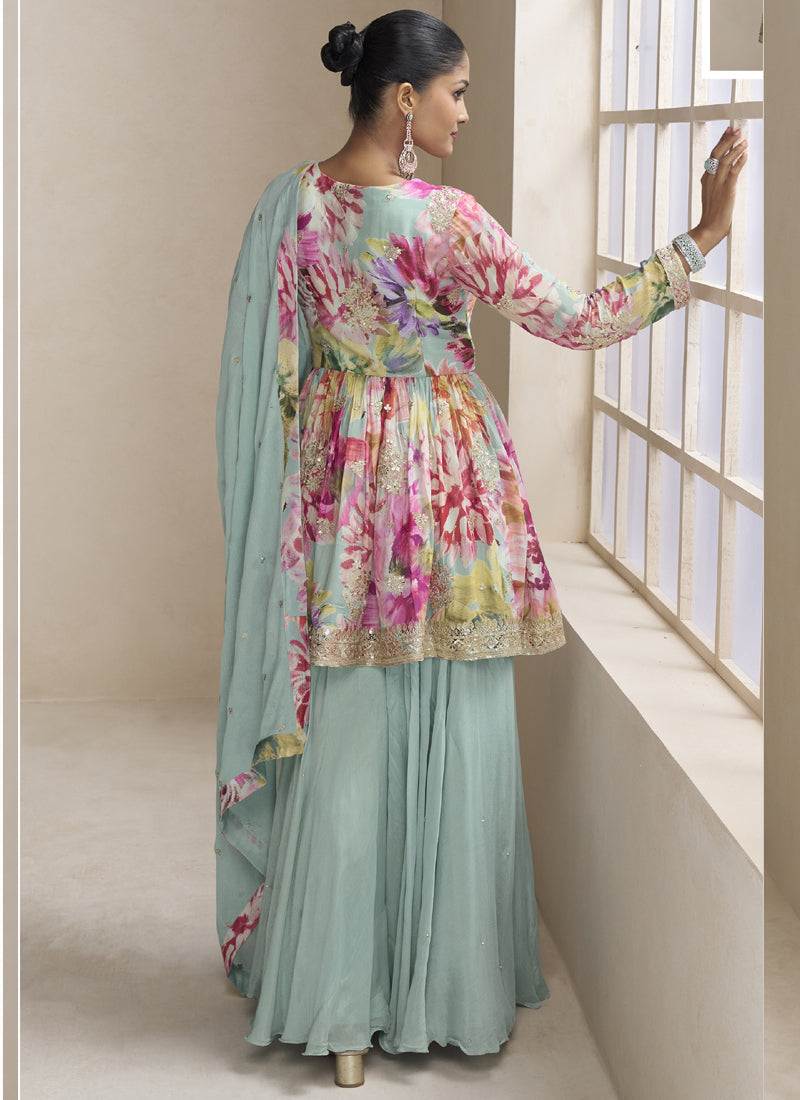 Vegaa Fashion Sea Green Chinon Embroidered Designer Palazzo Suit | Grocsy