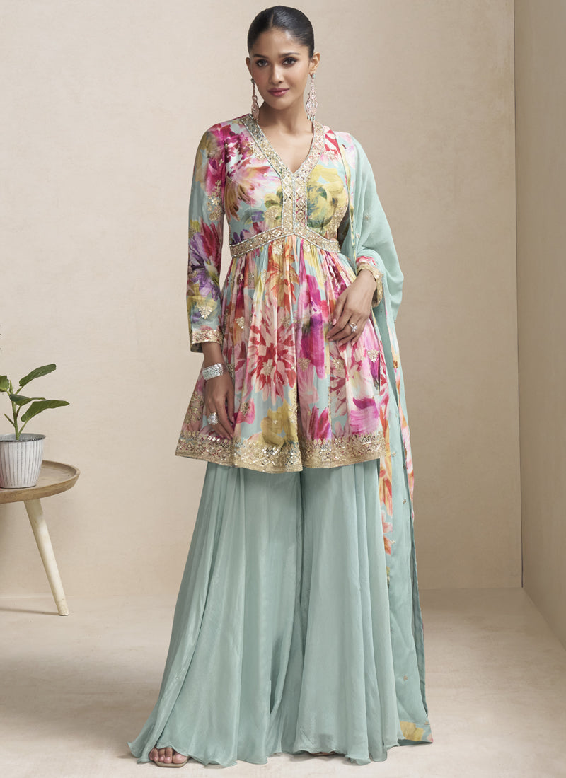 Vegaa Fashion Sea Green Chinon Embroidered Designer Palazzo Suit | Grocsy