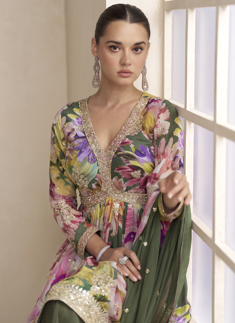 Vegaa Fashion Mehendi Chinon Embroidered Designer Palazzo Suit | Grocsy
