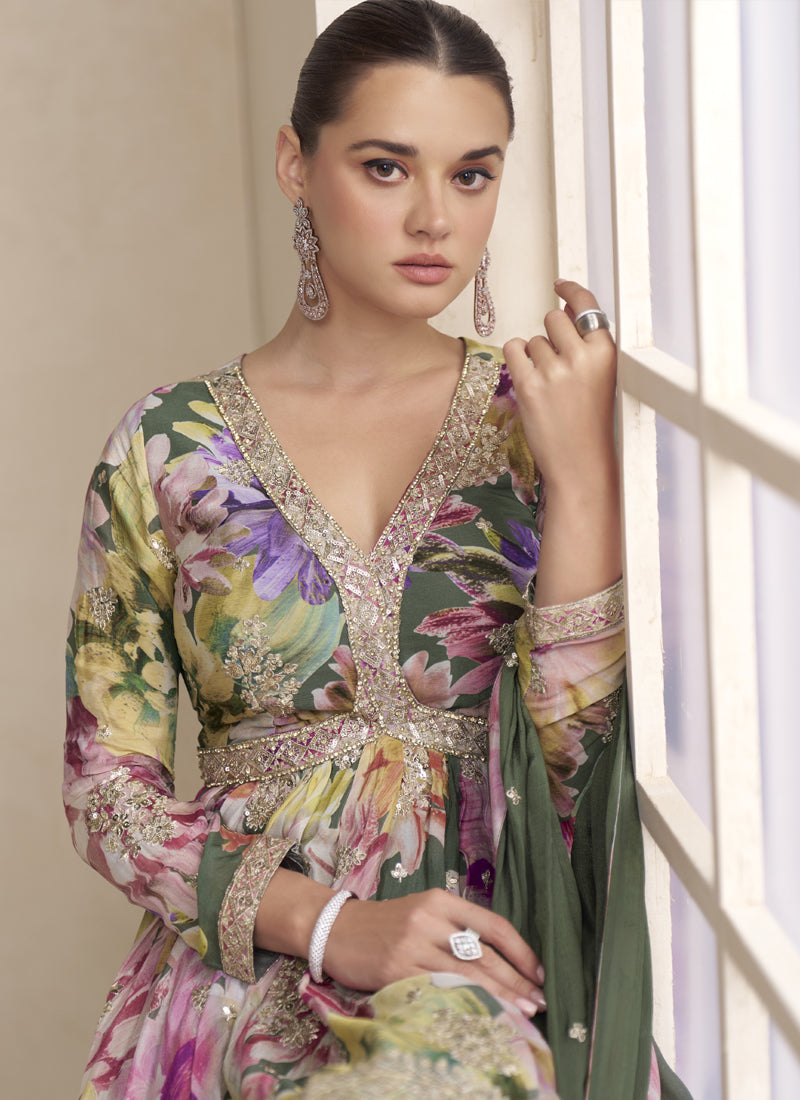 Vegaa Fashion Mehendi Chinon Embroidered Designer Palazzo Suit | Grocsy