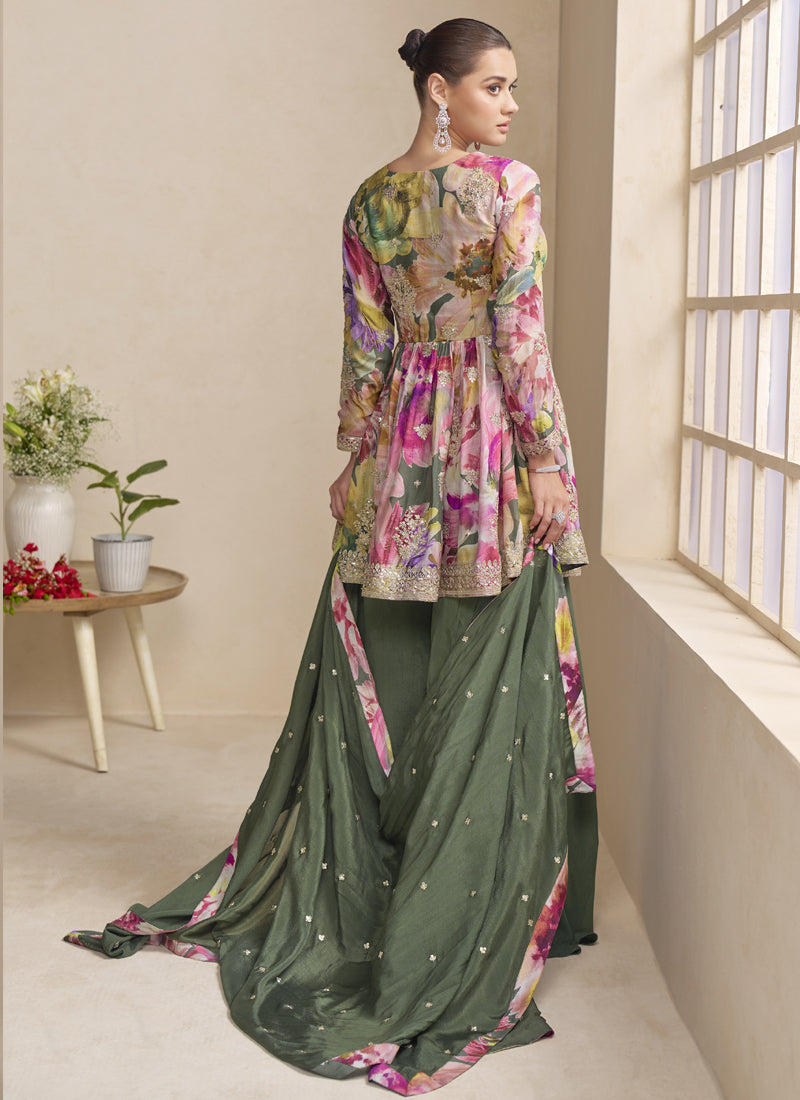 Vegaa Fashion Mehendi Chinon Embroidered Designer Palazzo Suit | Grocsy