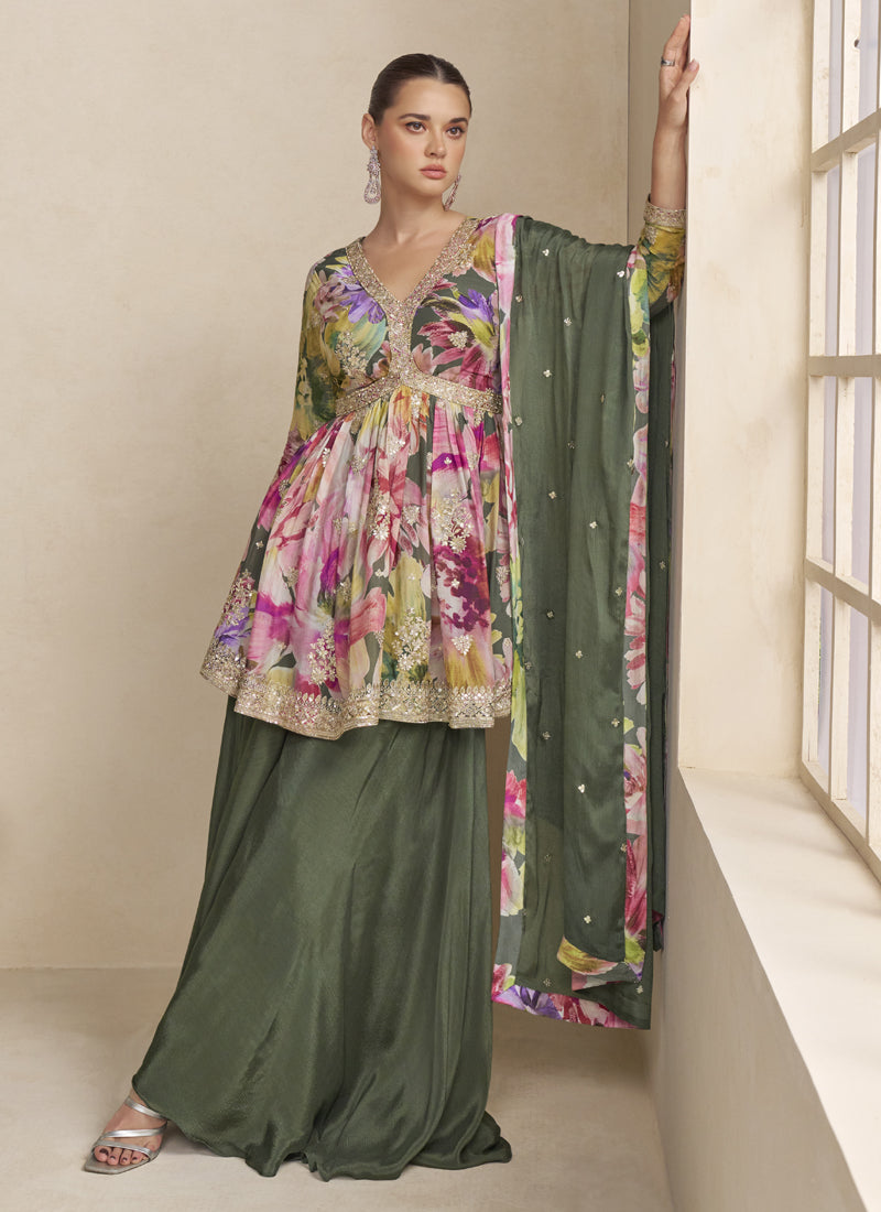 Vegaa Fashion Mehendi Chinon Embroidered Designer Palazzo Suit | Grocsy