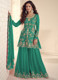 Vegaa Fashion Rama Green Chinon Silk Embroidered Salwar Palazzo Suit | Grocsy