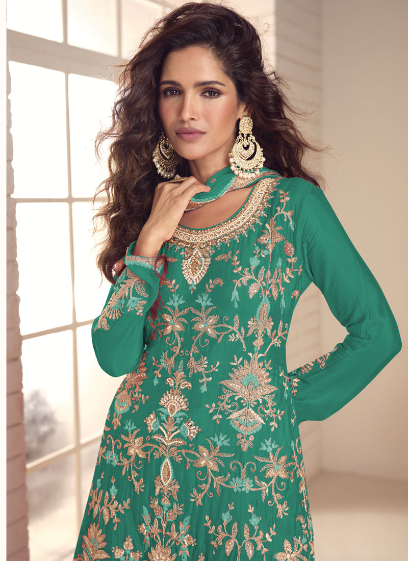 Vegaa Fashion Rama Green Chinon Silk Embroidered Salwar Palazzo Suit | Grocsy