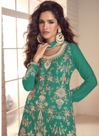 Vegaa Fashion Rama Green Chinon Silk Embroidered Salwar Palazzo Suit | Grocsy