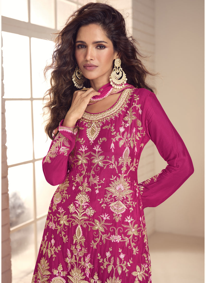 Vegaa Fashion Pink Chinon Silk Embroidered Salwar Palazzo Suit | Grocsy