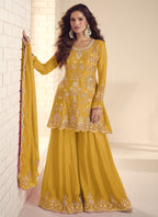 Vegaa Fashion Yellow Chinon Silk Embroidered Salwar Palazzo Suit | Grocsy