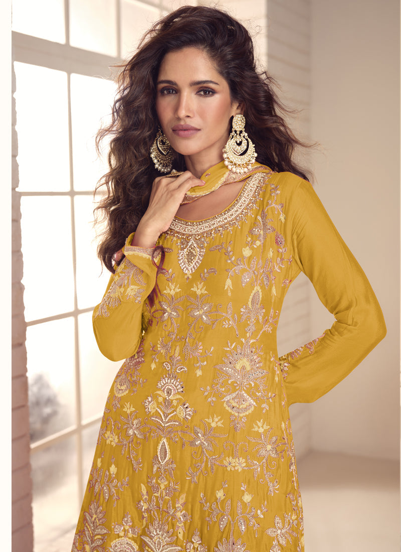 Vegaa Fashion Yellow Chinon Silk Embroidered Salwar Palazzo Suit | Grocsy