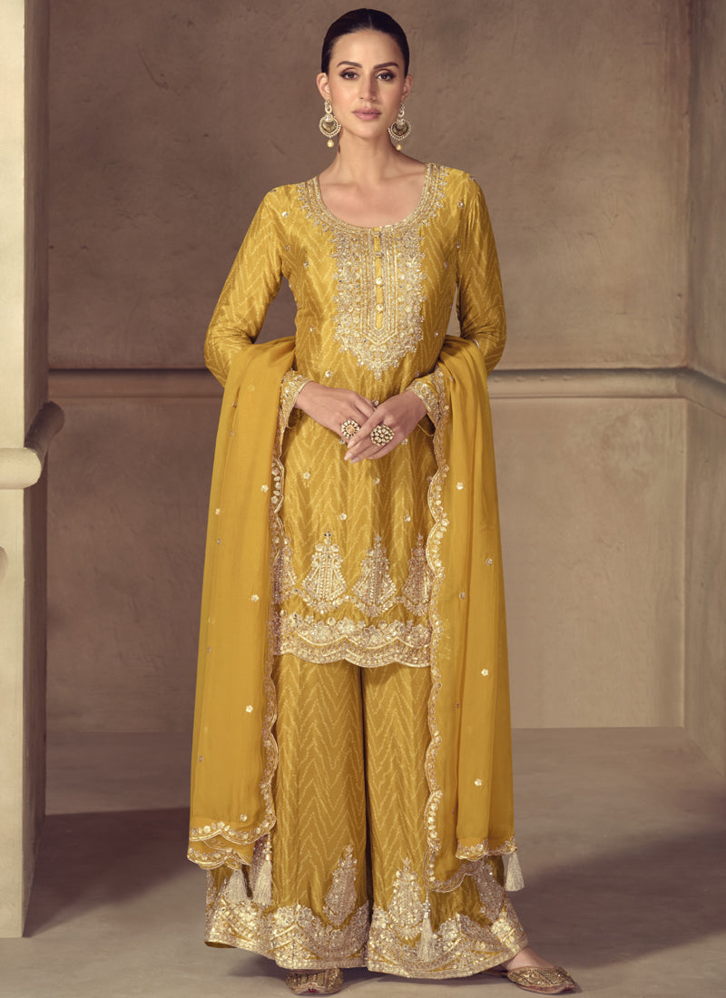 Vegaa Fashion Yellow Real Chinon Digital Print Palazzo Suit | Grocsy
