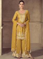 Vegaa Fashion Yellow Real Chinon Digital Print Palazzo Suit | Grocsy