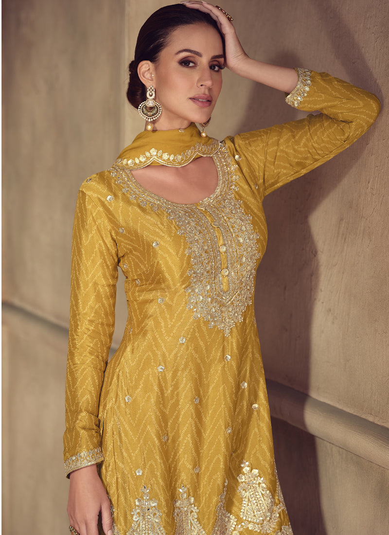Vegaa Fashion Yellow Real Chinon Digital Print Palazzo Suit | Grocsy