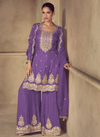 Vegaa Fashion Violet Real Chinon Digital Print Palazzo Suit | Grocsy