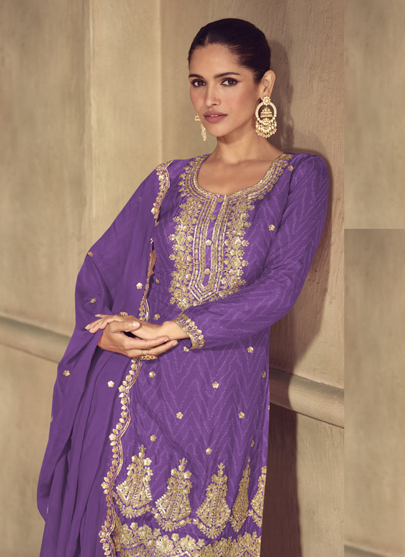 Vegaa Fashion Violet Real Chinon Digital Print Palazzo Suit | Grocsy