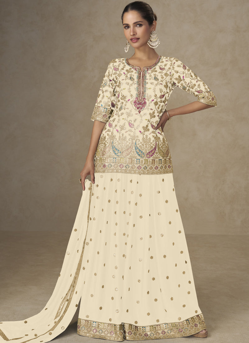 Vegaa Fashion Off White Chinon Embroidered Designer Palazzo Suit | Grocsy