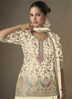 Vegaa Fashion Off White Chinon Embroidered Designer Palazzo Suit | Grocsy