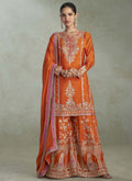 Vegaa Fashion Orange Chinon Embroidered Designer Palazzo Suit | Grocsy
