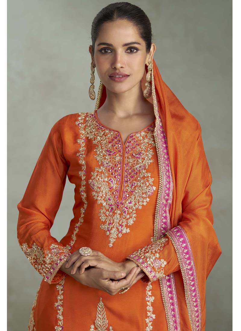 Vegaa Fashion Orange Chinon Embroidered Designer Palazzo Suit | Grocsy