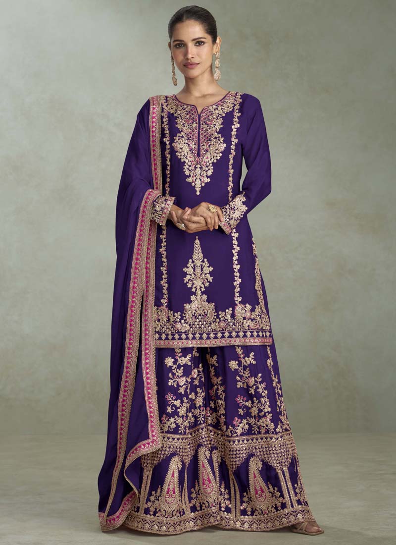 Vegaa Fashion Violet Chinon Embroidered Designer Palazzo Suit | Grocsy
