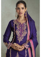 Vegaa Fashion Violet Chinon Embroidered Designer Palazzo Suit | Grocsy
