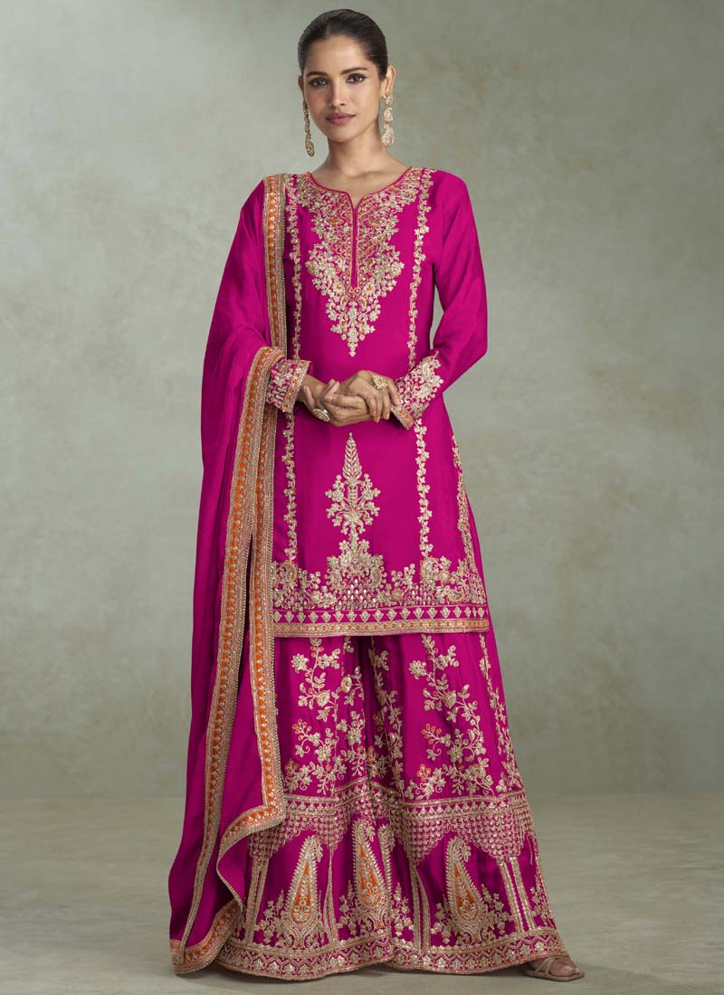 Vegaa Fashion Rani Pink Chinon Embroidered Designer Palazzo Suit | Grocsy