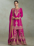 Vegaa Fashion Rani Pink Chinon Embroidered Designer Palazzo Suit | Grocsy