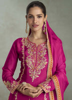 Vegaa Fashion Rani Pink Chinon Embroidered Designer Palazzo Suit | Grocsy