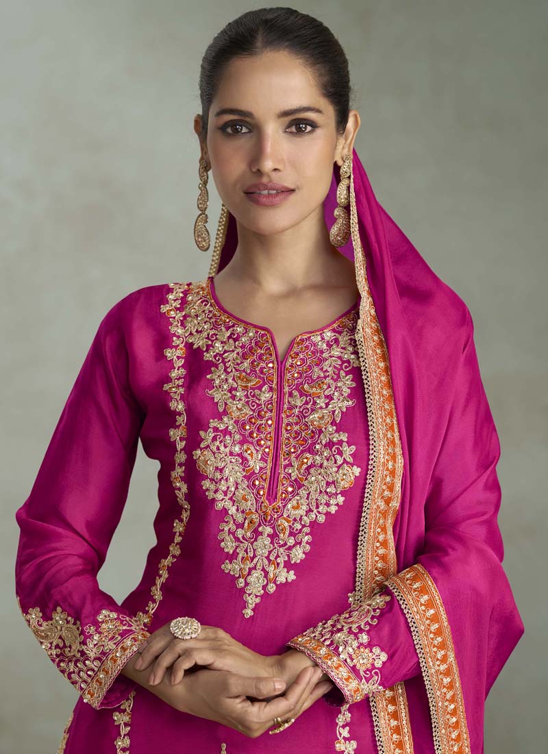 Vegaa Fashion Rani Pink Chinon Embroidered Designer Palazzo Suit | Grocsy