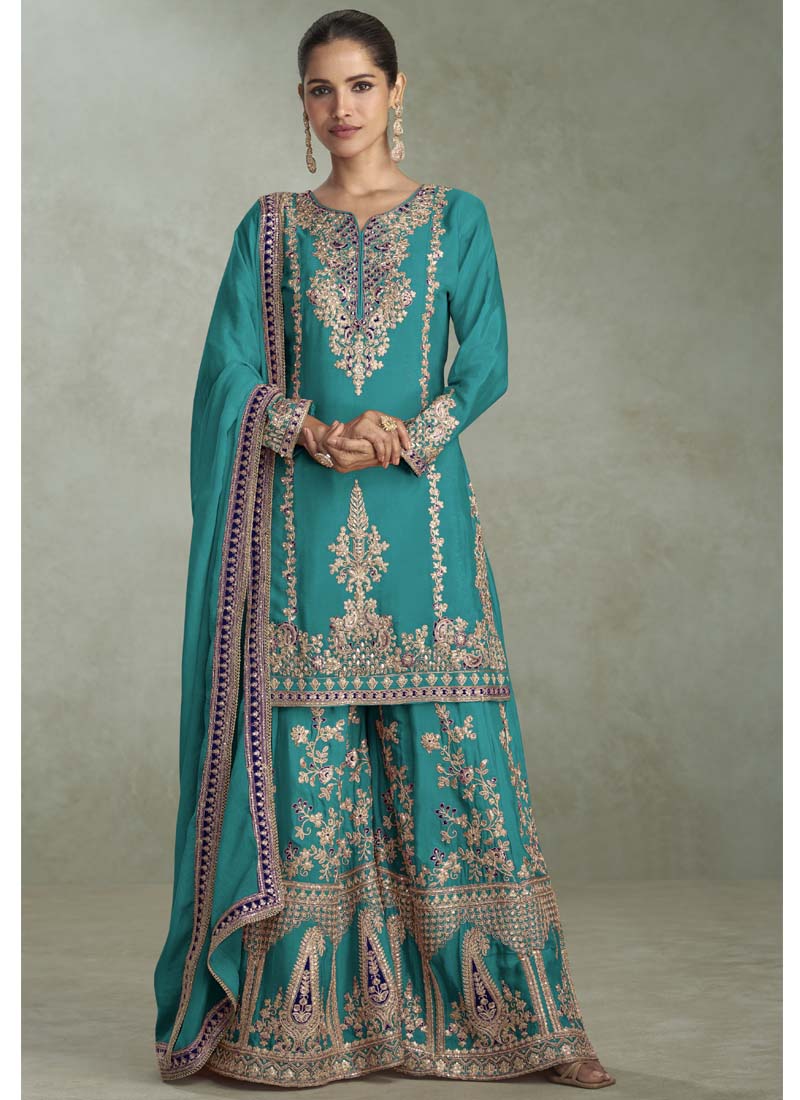 Vegaa Fashion Turquoise Chinon Embroidered Designer Palazzo Suit | Grocsy