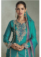Vegaa Fashion Turquoise Chinon Embroidered Designer Palazzo Suit | Grocsy