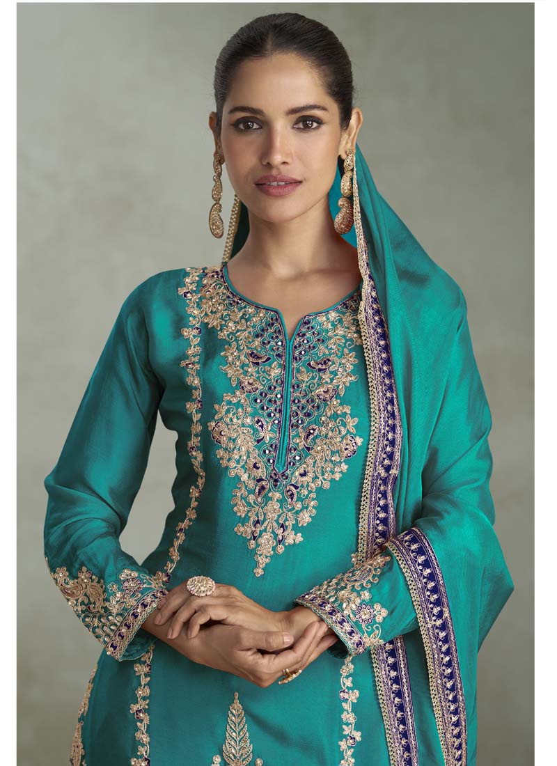 Vegaa Fashion Turquoise Chinon Embroidered Designer Palazzo Suit | Grocsy