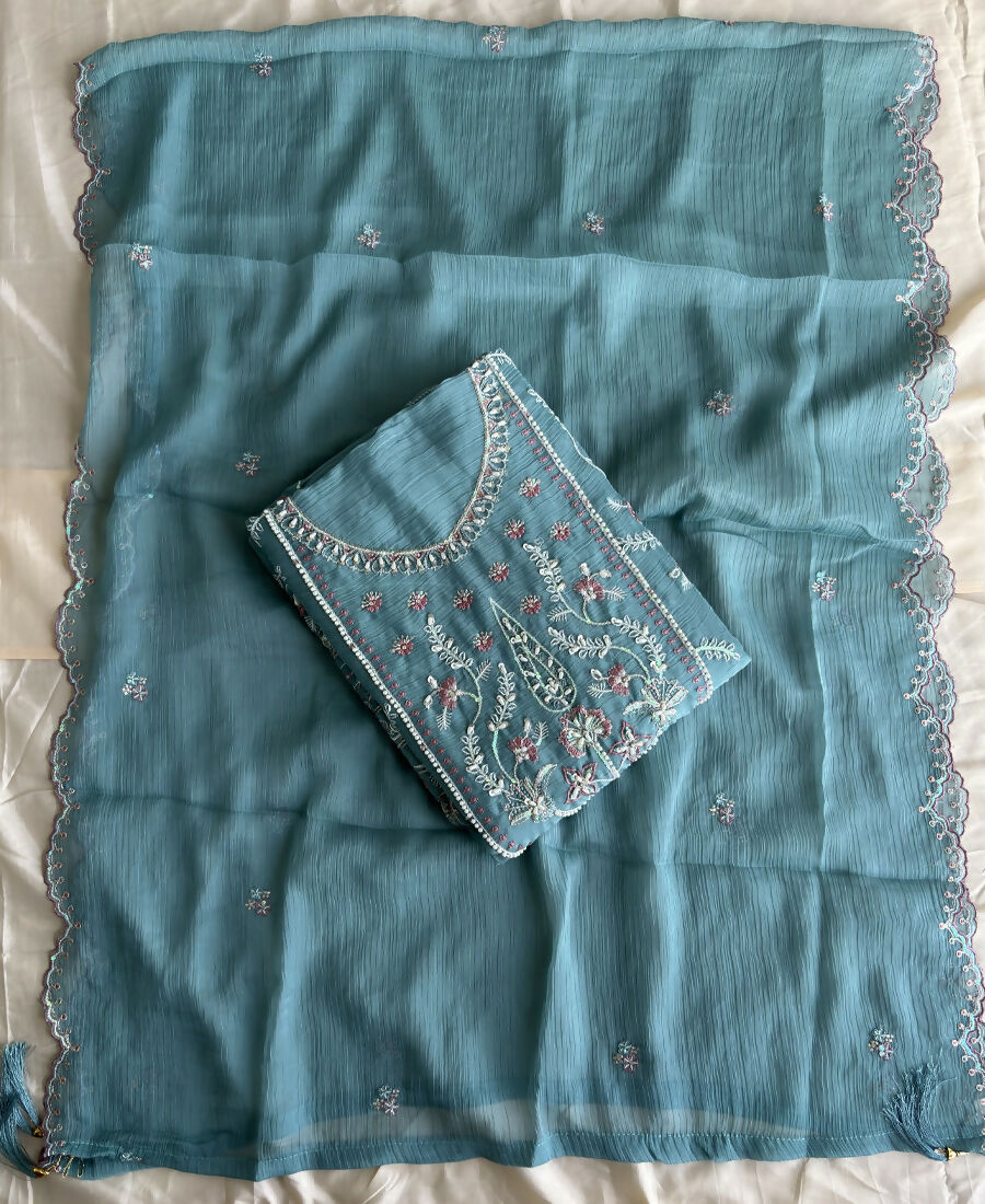 KC Beautiful Sky Blue Chiffon Silk Hand Embroidery Suit For Women | Grocsy