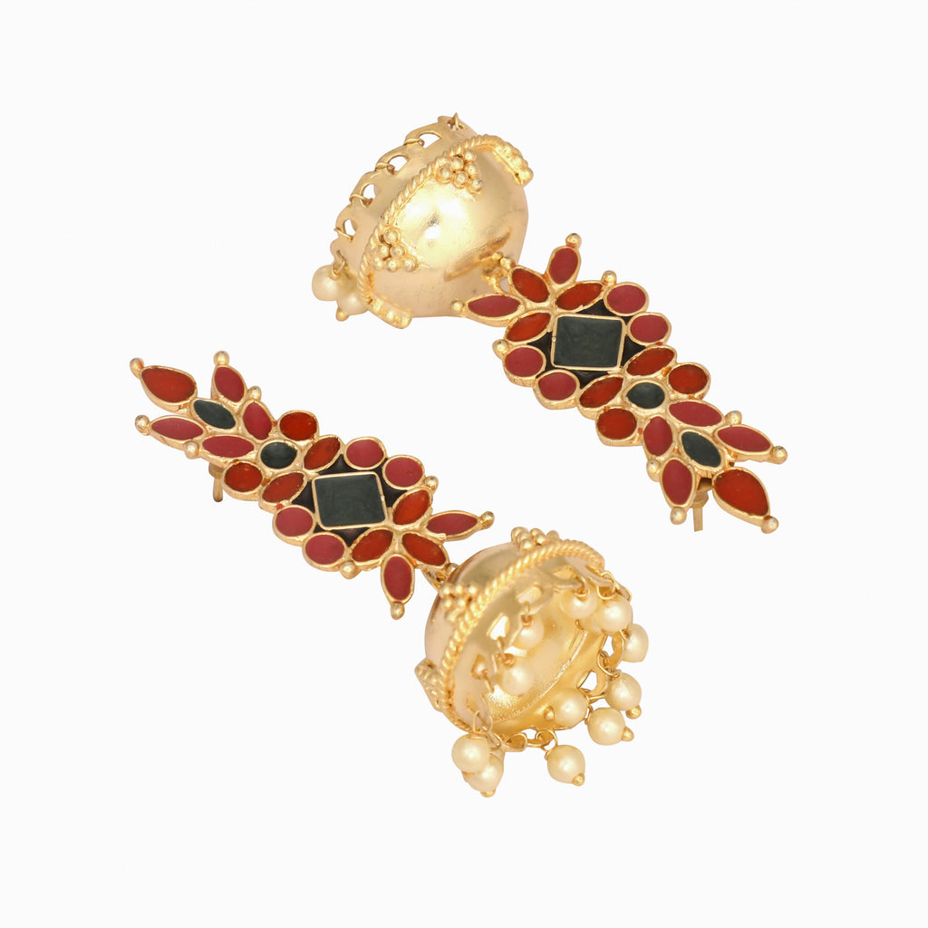 Nuyug 22K Gold-Plated Enamel & Beaded Dome Shaped Jhumka Earrings | Grocsy