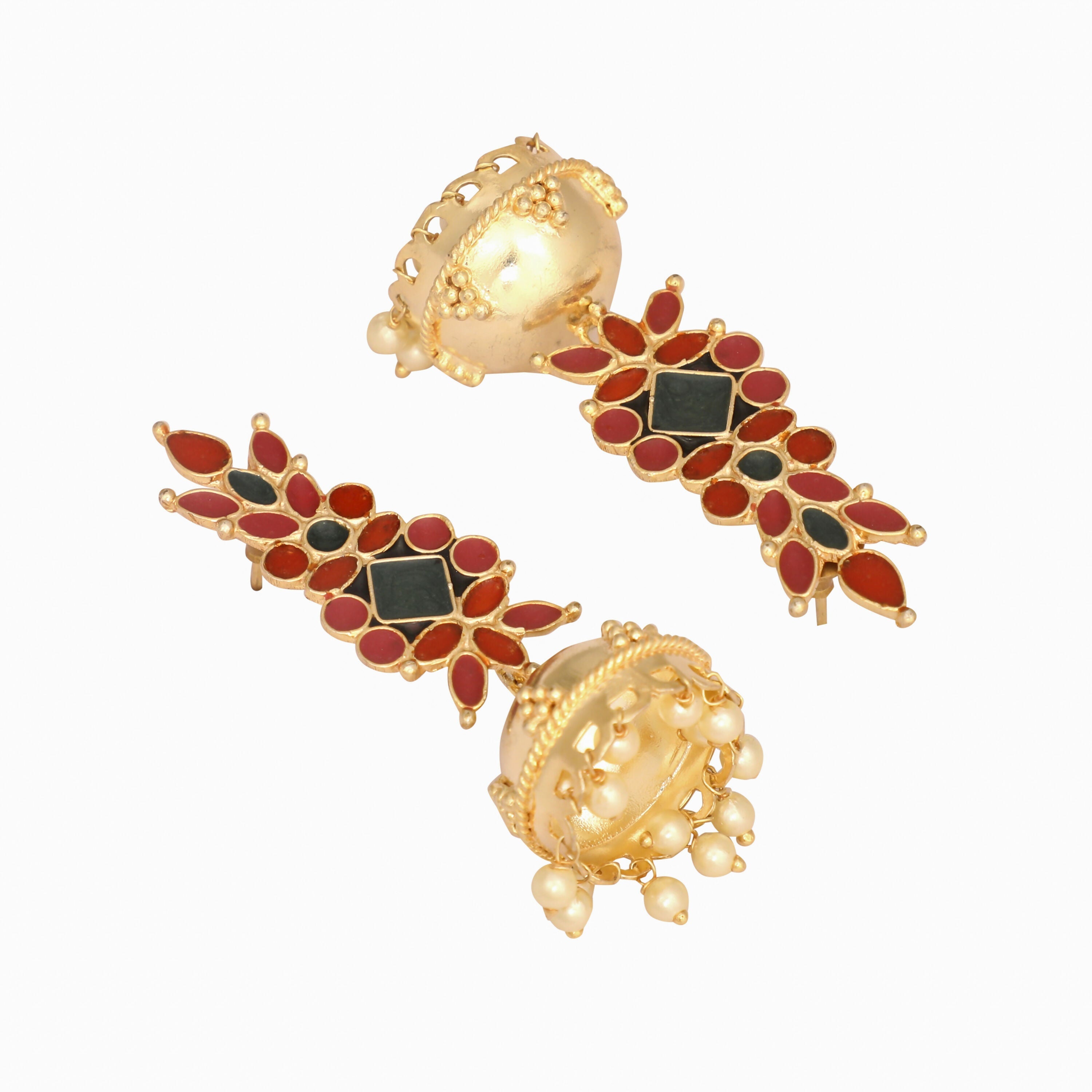 Nuyug 22K Gold-Plated Enamel & Beaded Dome Shaped Jhumka Earrings | Grocsy
