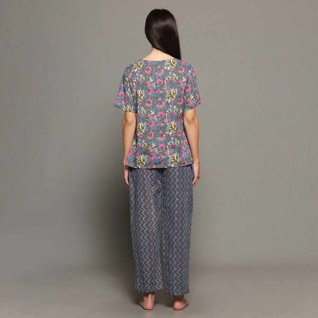 Breathables Women Cotton Printed Loungewear Kurta And Pants Co-Ord Set With Crop Top Grey I Nightwear | Grocsy